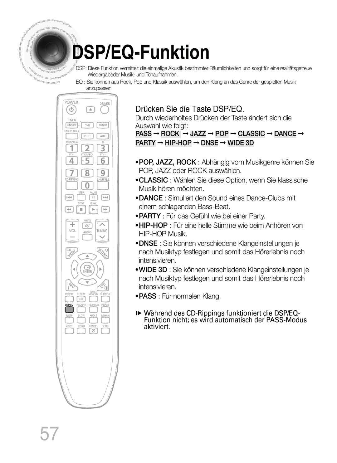 Samsung MM-C530D/XEN, MM-C530D/EDC, MM-C430D/XEN, MM-C430D/EDC manual DSP/EQ -Funktion, Drücken Sie die Taste DSP/EQ 