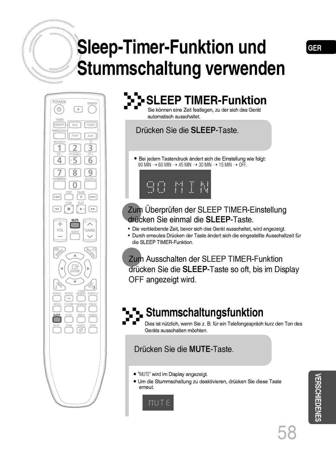 Samsung MM-C530D/EDC, MM-C430D/XEN, MM-C430D/EDC, MM-C530D/XEN manual Drücken Sie die SLEEP-Taste, Drücken Sie die MUTE-Taste 