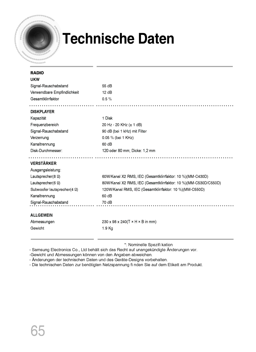 Samsung MM-C530D/XEN, MM-C530D/EDC, MM-C430D/XEN, MM-C430D/EDC manual Technische Daten, Diskplayer 