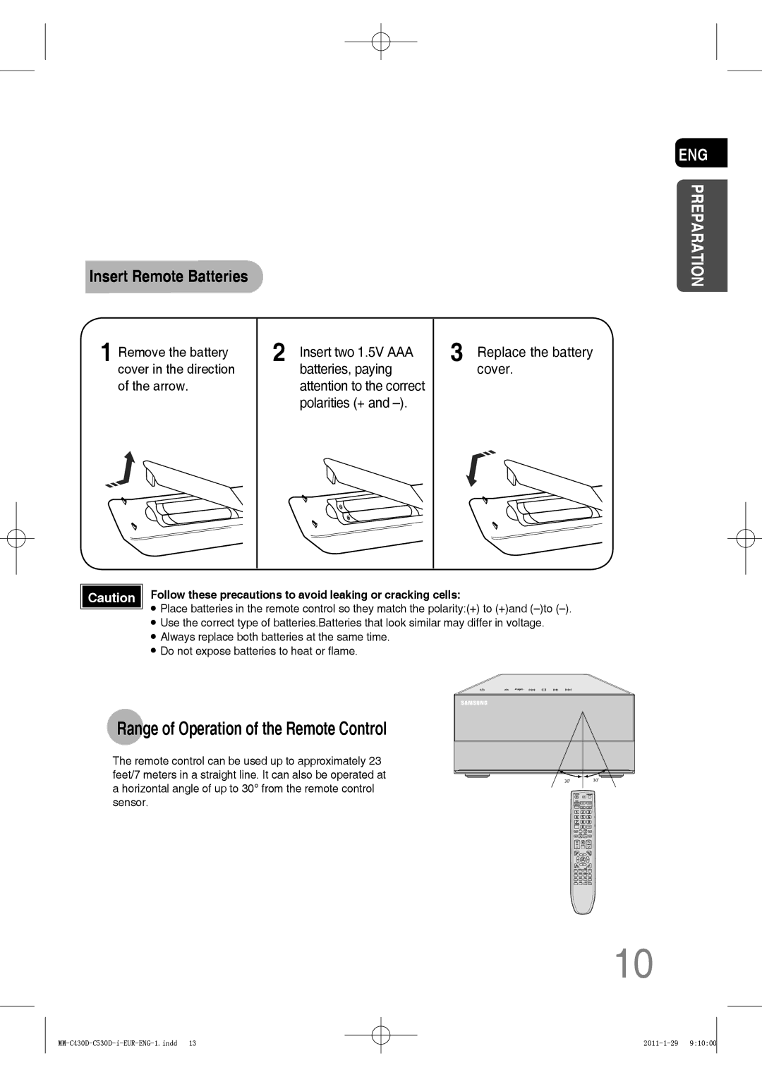 Samsung MM-C530D/KE, MM-C530D/EDC, MM-C430D/XEN manual Range of Operation of the Remote Control, Insert Remote Batteries 