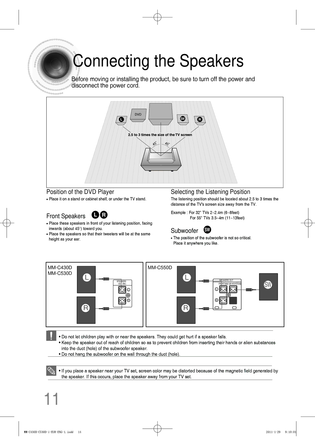 Samsung MM-C530D/MEA, MM-C530D/EDC, MM-C430D/XEN, MM-C430D/EDC, MM-C550D/EDC manual Connecting the Speakers, Front Speakers L R 