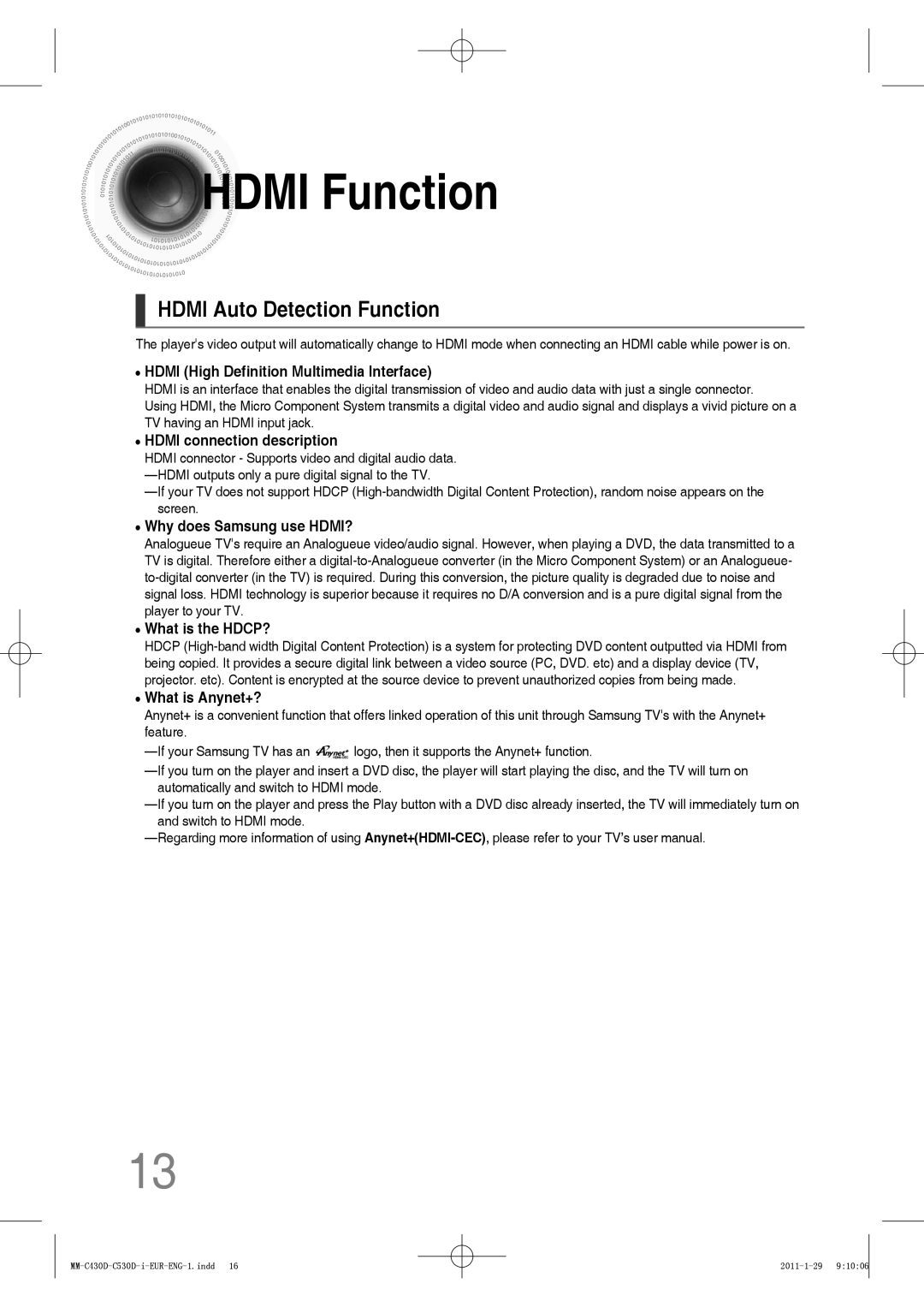 Samsung MM-C530D/XEF, MM-C530D/EDC, MM-C430D/XEN, MM-C430D/EDC, MM-C550D/EDC manual Hdmi Function, Hdmi Auto Detection Function 