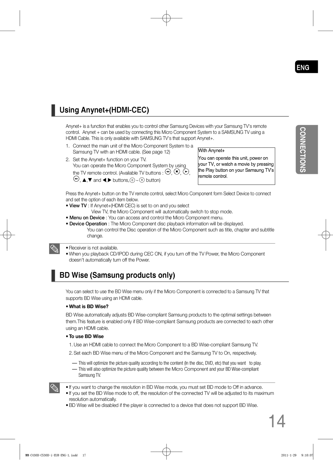 Samsung MM-C430D/SAM, MM-C530D/EDC, MM-C430D/XEN, MM-C430D/EDC manual Using Anynet+HDMI-CEC, BD Wise Samsung products only 