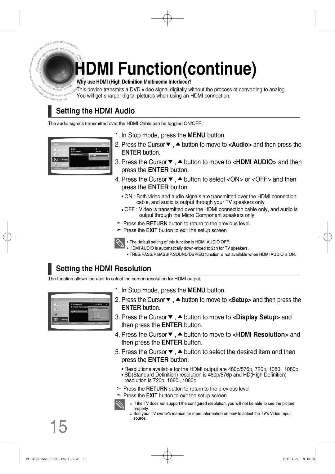 Samsung MM-C530D/EDC, MM-C430D/XEN, MM-C430D/EDC Hdmi Functioncontinue, Setting the Hdmi Audio, Setting the Hdmi Resolution 