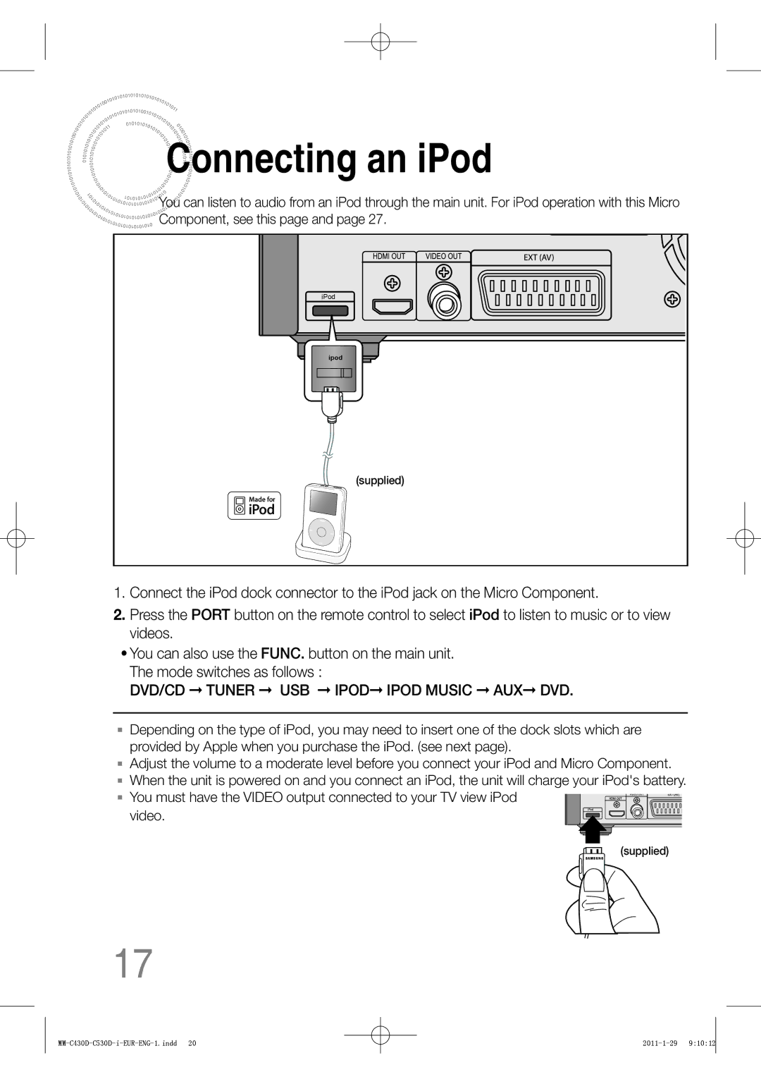 Samsung MM-C430D/EDC, MM-C530D/EDC, MM-C430D/XEN, MM-C550D/EDC Connecting an iPod, DVD/CD Tuner USB Ipod Ipod Music AUX DVD 