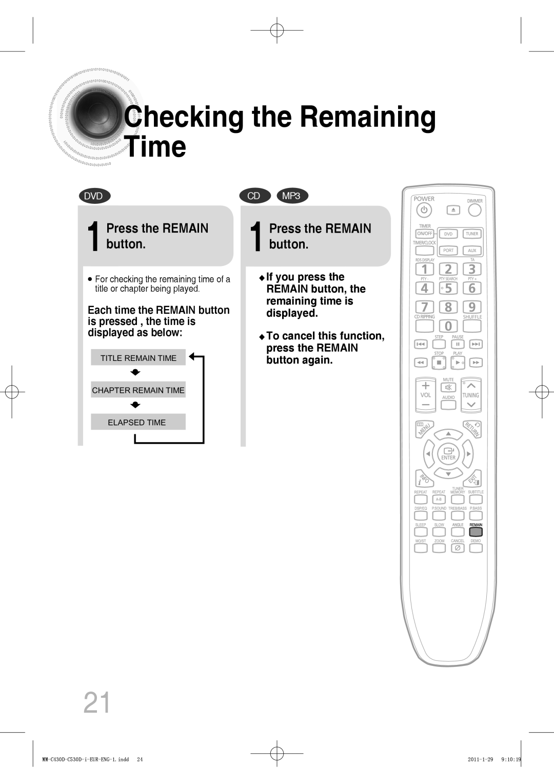 Samsung MM-C530D/SAH, MM-C530D/EDC, MM-C430D/XEN, MM-C430D/EDC manual Checking the Remaining Time, 1Press the Remain button 