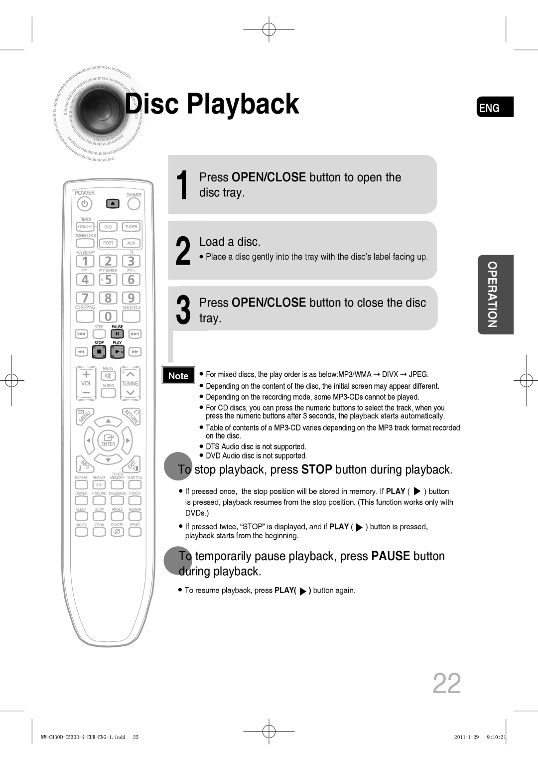 Samsung MM-C430D/MEA, MM-C530D/EDC, MM-C430D/XEN Disc Playback, Press OPEN/CLOSE button to open the disc tray Load a disc 