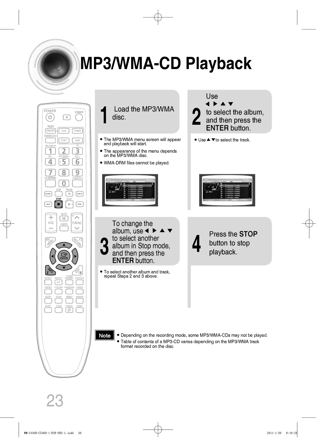 Samsung MM-C550D/MEA, MM-C530D/KE MP3/WMA-CD Playback, Load the MP3/WMA disc Use, To change the album, use, Press the Stop 