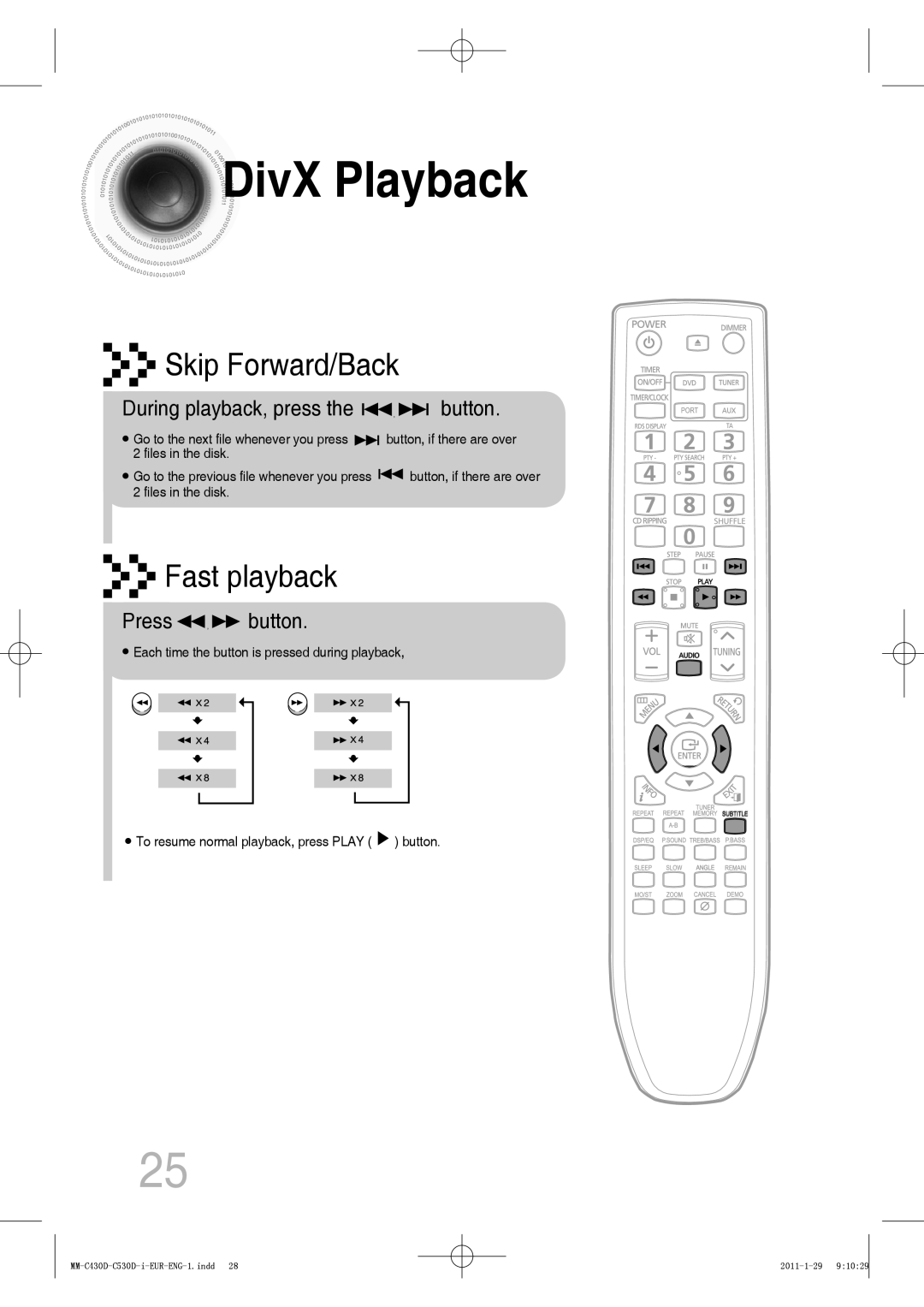 Samsung MM-C430D/SAH, MM-C530D/EDC, MM-C430D/XEN, MM-C530D/KE DivX Playback, During playback, press the button, Press button 