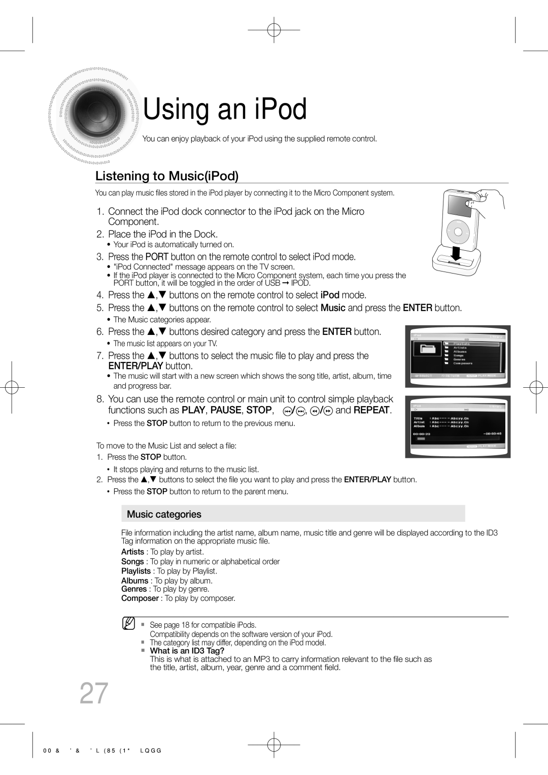 Samsung MM-C530D/KE, MM-C530D/EDC, MM-C430D/XEN, MM-C430D/EDC, MM-C550D/EDC manual Using an iPod, Listening to MusiciPod 