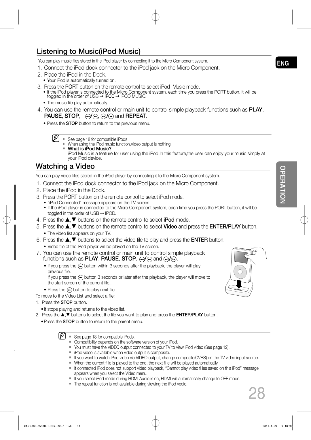 Samsung MM-C530D/MEA, MM-C530D/EDC, MM-C430D/XEN, MM-C430D/EDC, MM-C550D/EDC, MM-C530D/XEN manual Listening to MusiciPod Music 