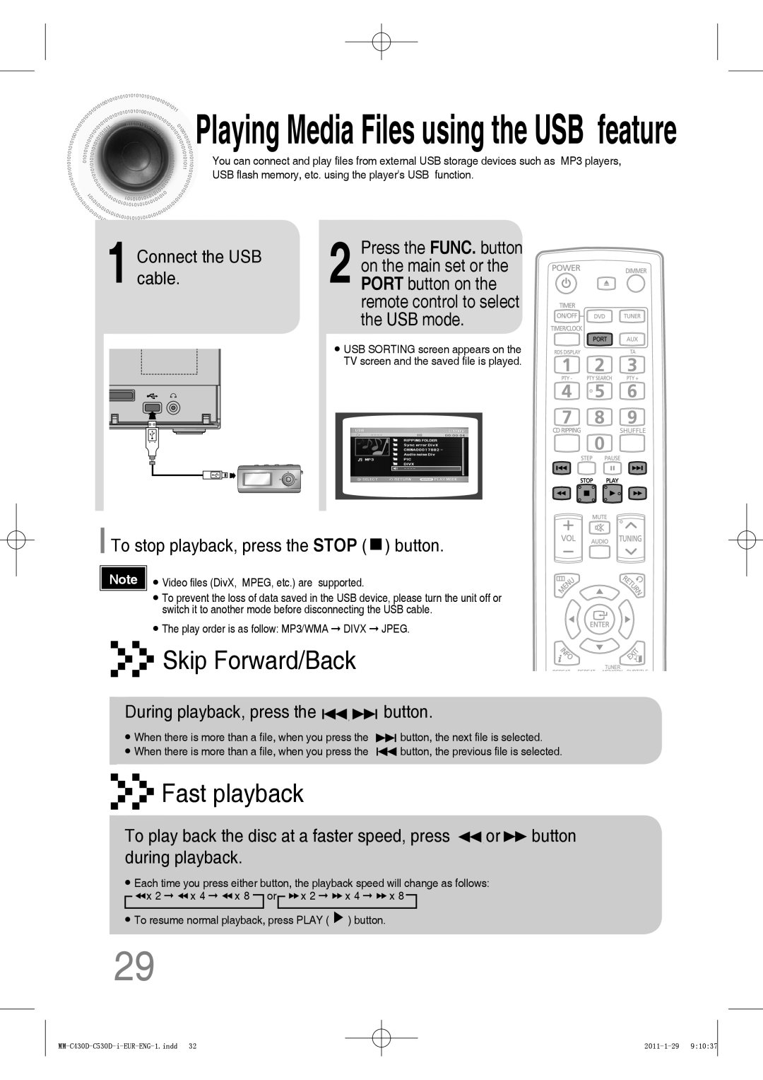 Samsung MM-C530D/UMG, MM-C530D/EDC, MM-C430D/XEN, MM-C530D/KE Connect the USB cable, To stop playback, press the Stop button 