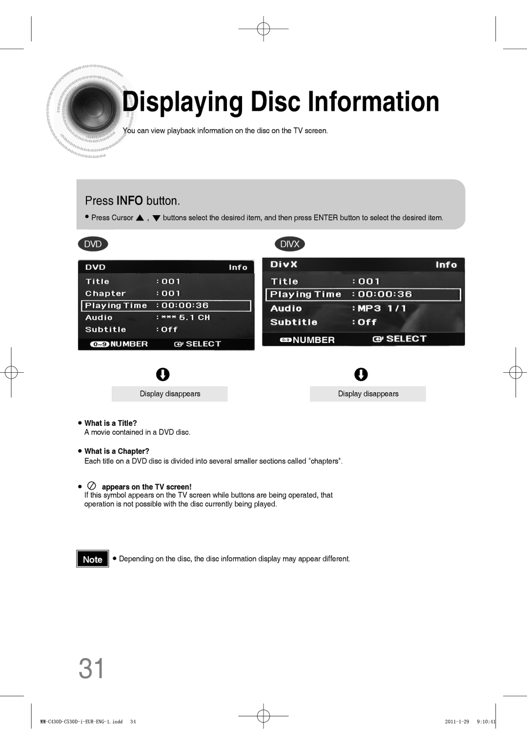 Samsung MM-C430D/SAM, MM-C530D/EDC, MM-C430D/XEN, MM-C430D/EDC, MM-C550D/EDC Displaying Disc Information, Press Info button 