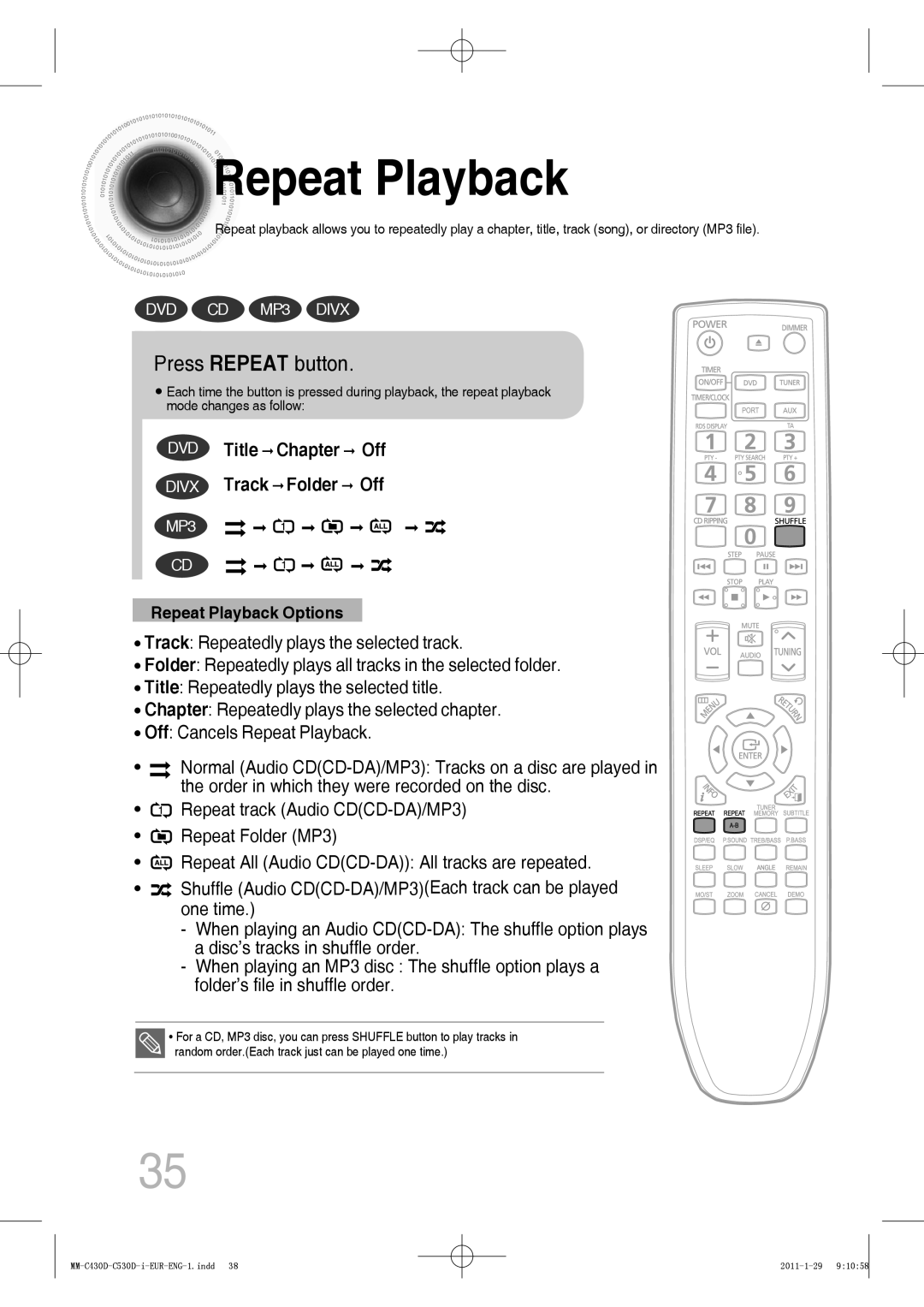 Samsung MM-C550D/EDC, MM-C530D/EDC, MM-C430D/XEN, MM-C430D/EDC, MM-C530D/XEN, MM-C530D/KE Repeat Playback, Press Repeat button 