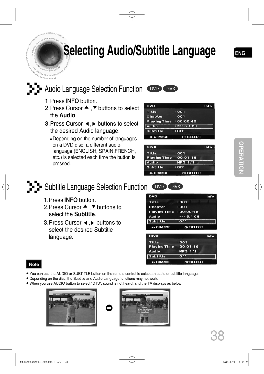 Samsung MM-C530D/SAH, MM-C530D/EDC, MM-C430D/XEN, MM-C430D/EDC, MM-C550D/EDC, MM-C530D/XEN Selecting Audio/Subtitle Language 