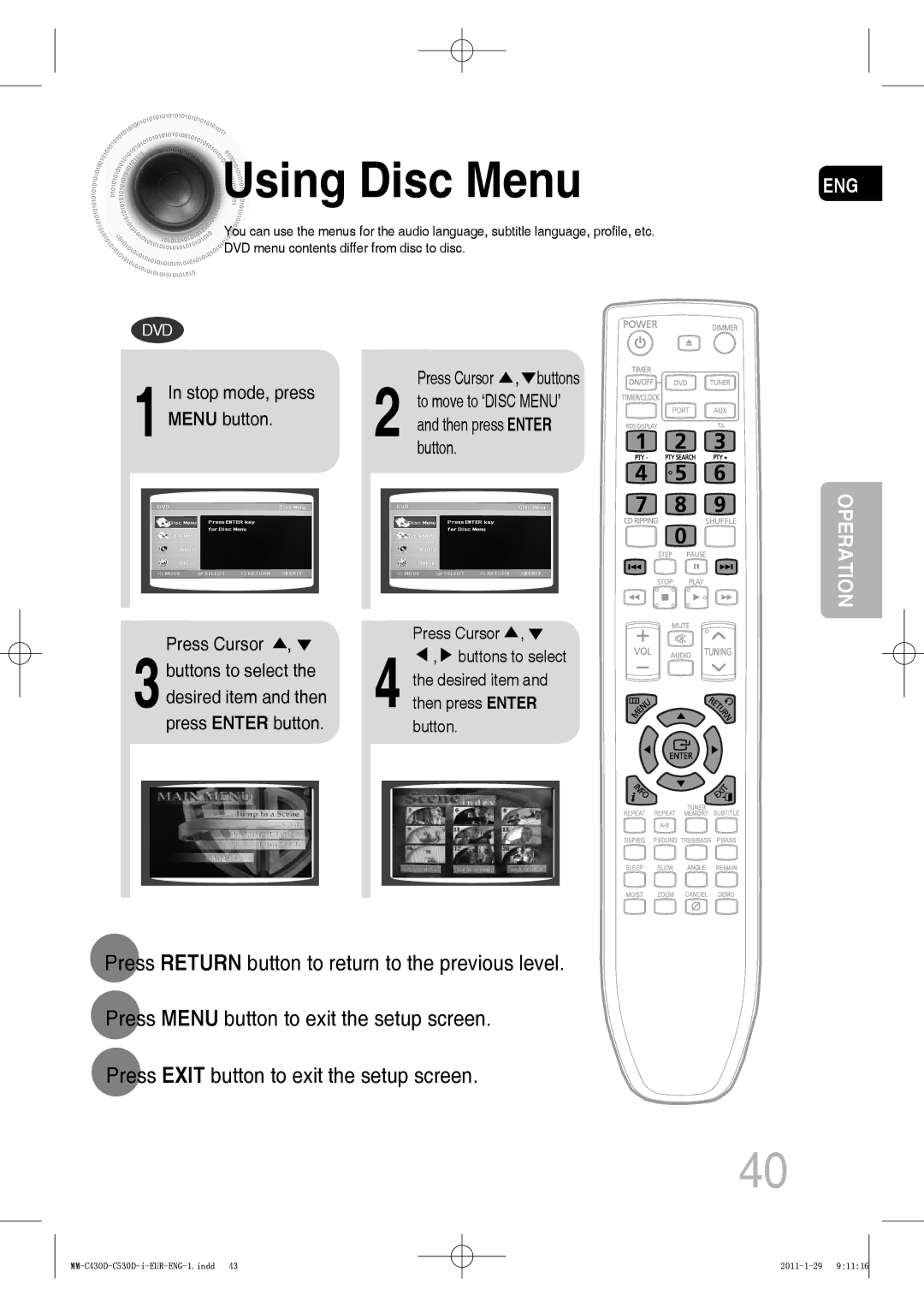 Samsung MM-C550D/MEA, MM-C530D/EDC, MM-C430D/XEN, MM-C430D/EDC, MM-C550D/EDC manual Using Disc Menu, Press Cursor , buttons 