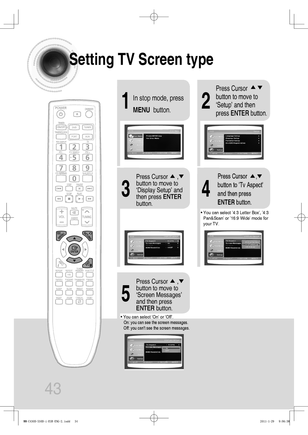 Samsung MM-C430D/UMG, MM-C530D/EDC, MM-C430D/XEN, MM-C430D/EDC manual Setting TV Screen type, Stop mode, press, Menu button 