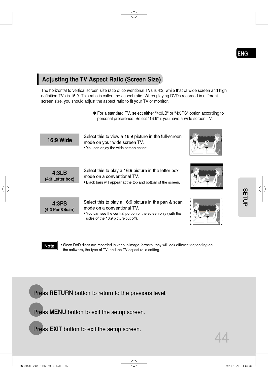 Samsung MM-C530D/KE, MM-C530D/EDC, MM-C430D/XEN, MM-C430D/EDC, MM-C550D/EDC Adjusting the TV Aspect Ratio Screen Size, 43PS 