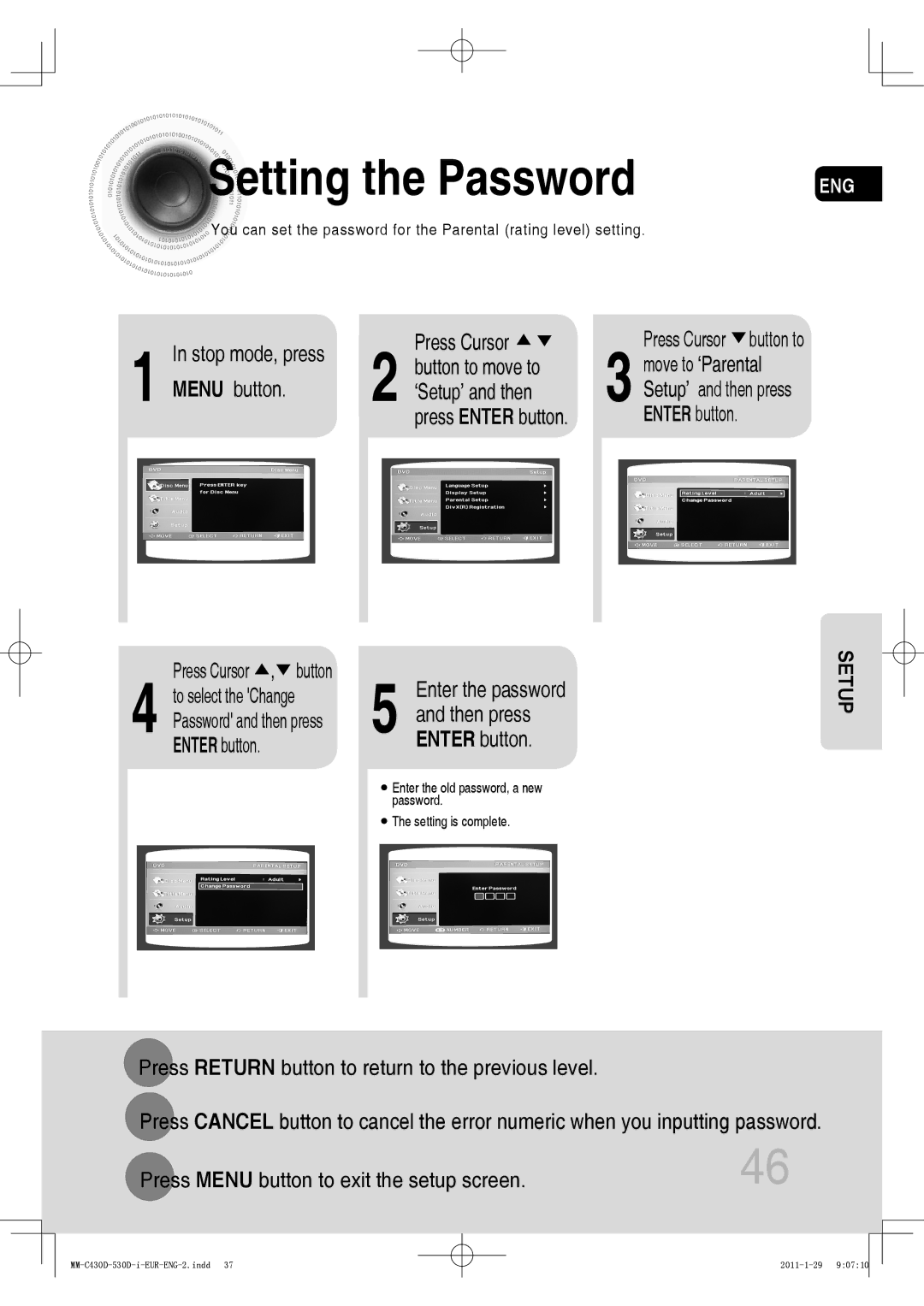 Samsung MM-C530D/UMG, MM-C530D/EDC, MM-C430D/XEN Setting the Password, Then press, Enter button, Press Cursor button to 