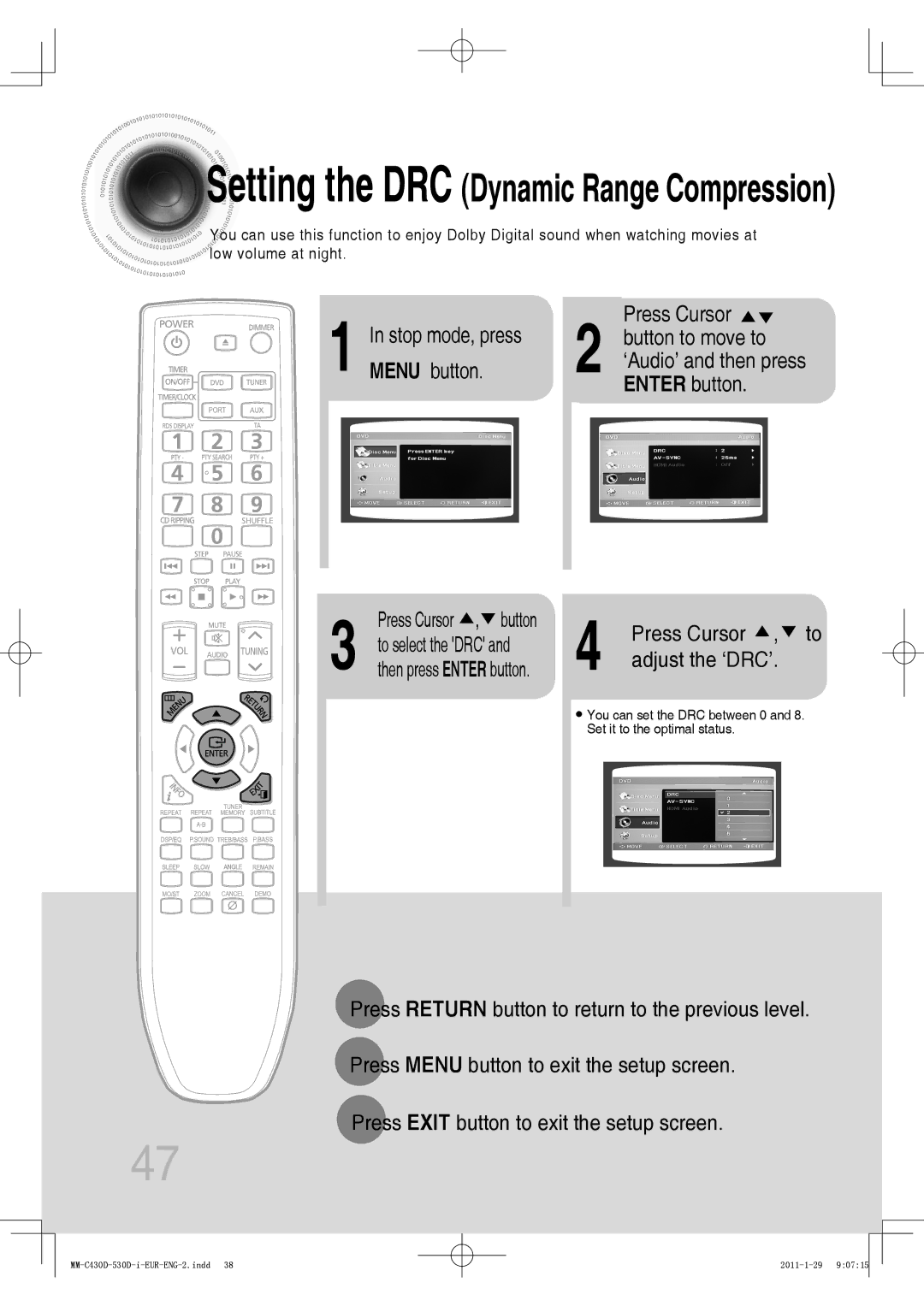 Samsung MM-C530D/XEF, MM-C530D/EDC manual Setting the DRC Dynamic Range Compression, Press Cursor , to adjust the ‘DRC’ 