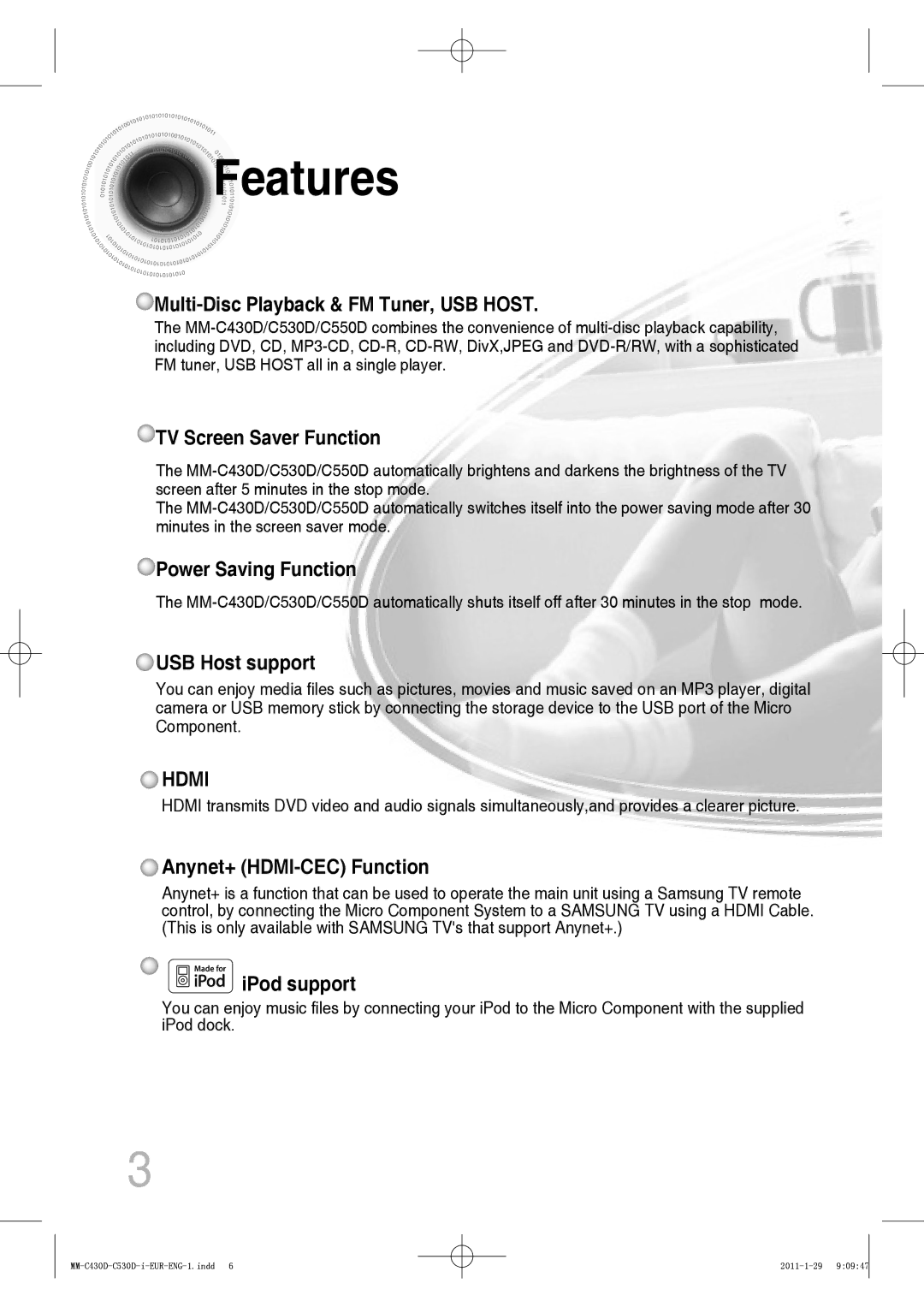 Samsung MM-C530D/AFR, MM-C530D/EDC, MM-C430D/XEN, MM-C430D/EDC manual Features, Multi-Disc Playback & FM Tuner, USB Host 