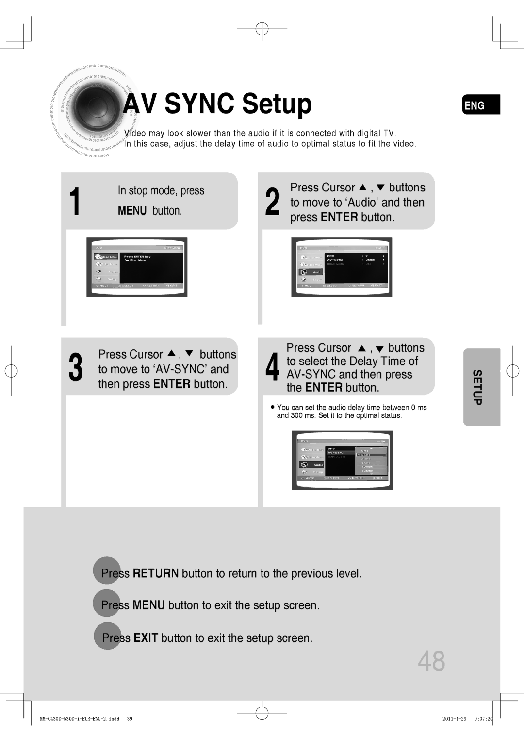 Samsung MM-C430D/SAM, MM-C530D/EDC, MM-C430D/XEN, MM-C430D/EDC manual AV Sync Setup, Stop mode, press Press Cursor , buttons 