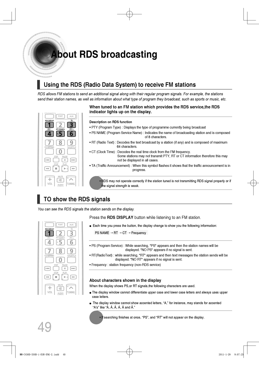 Samsung MM-C530D/EDC, MM-C430D/XEN manual Using the RDS Radio Data System to receive FM stations, To show the RDS signals 