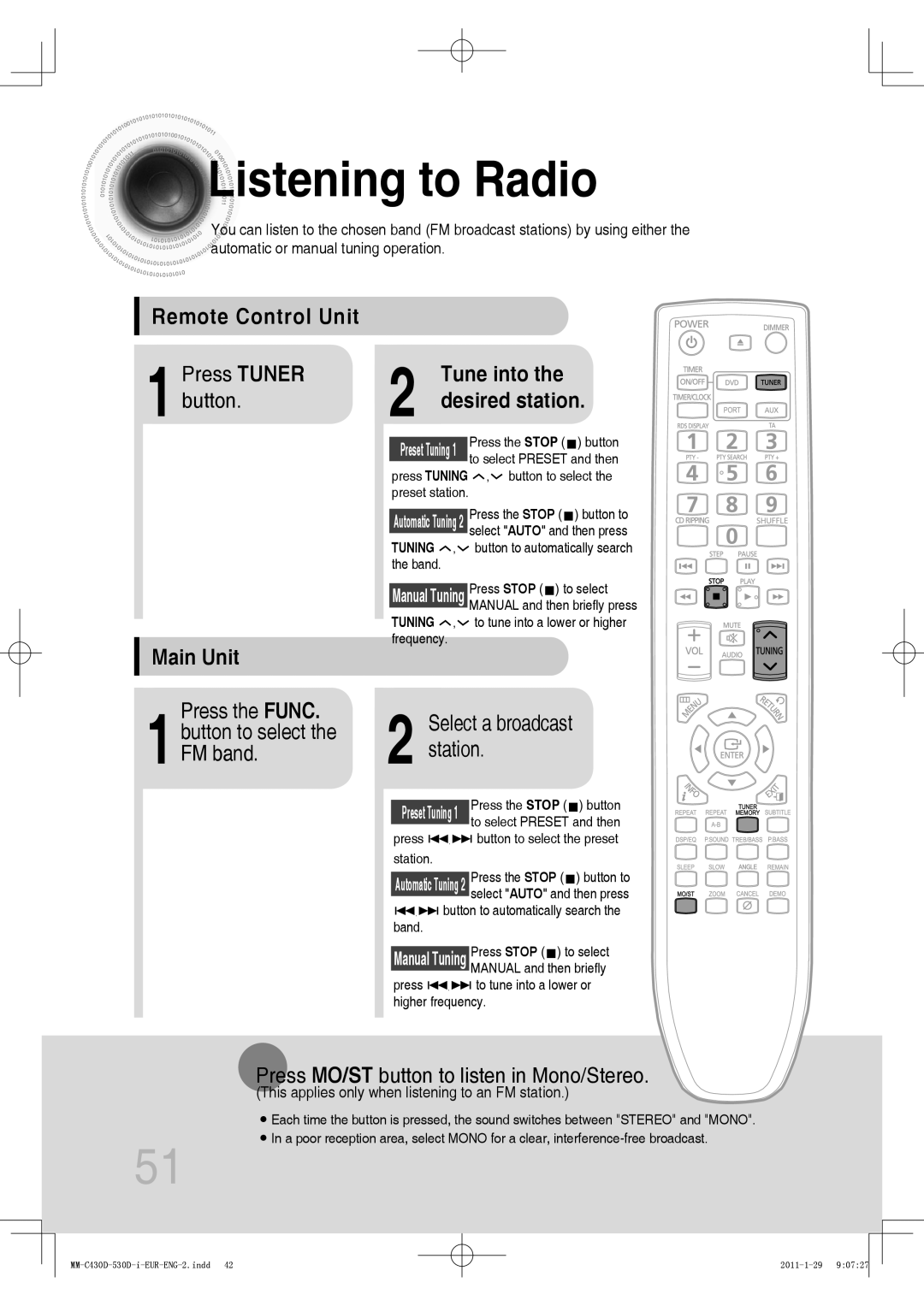 Samsung MM-C430D/EDC, MM-C530D/EDC, MM-C430D/XEN, MM-C550D/EDC Listening to Radio, Remote Control Unit, Tune into, Main Unit 