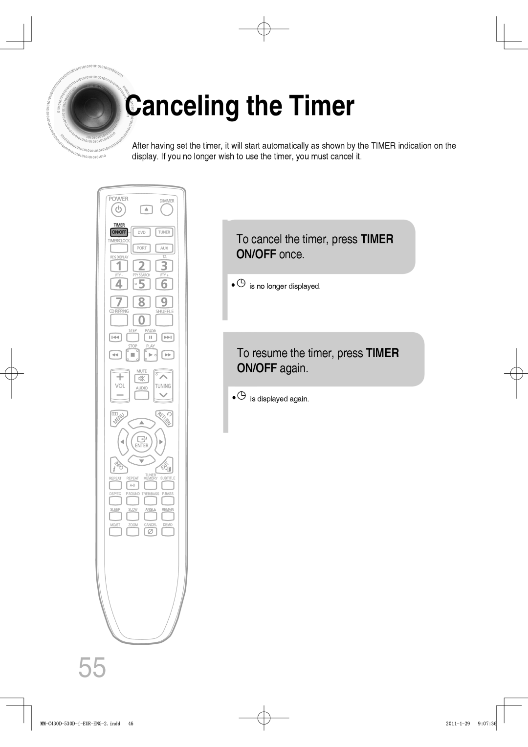 Samsung MM-C530D/SAH Canceling the Timer, To cancel the timer, press Timer, ON/OFF once, To resume the timer, press Timer 