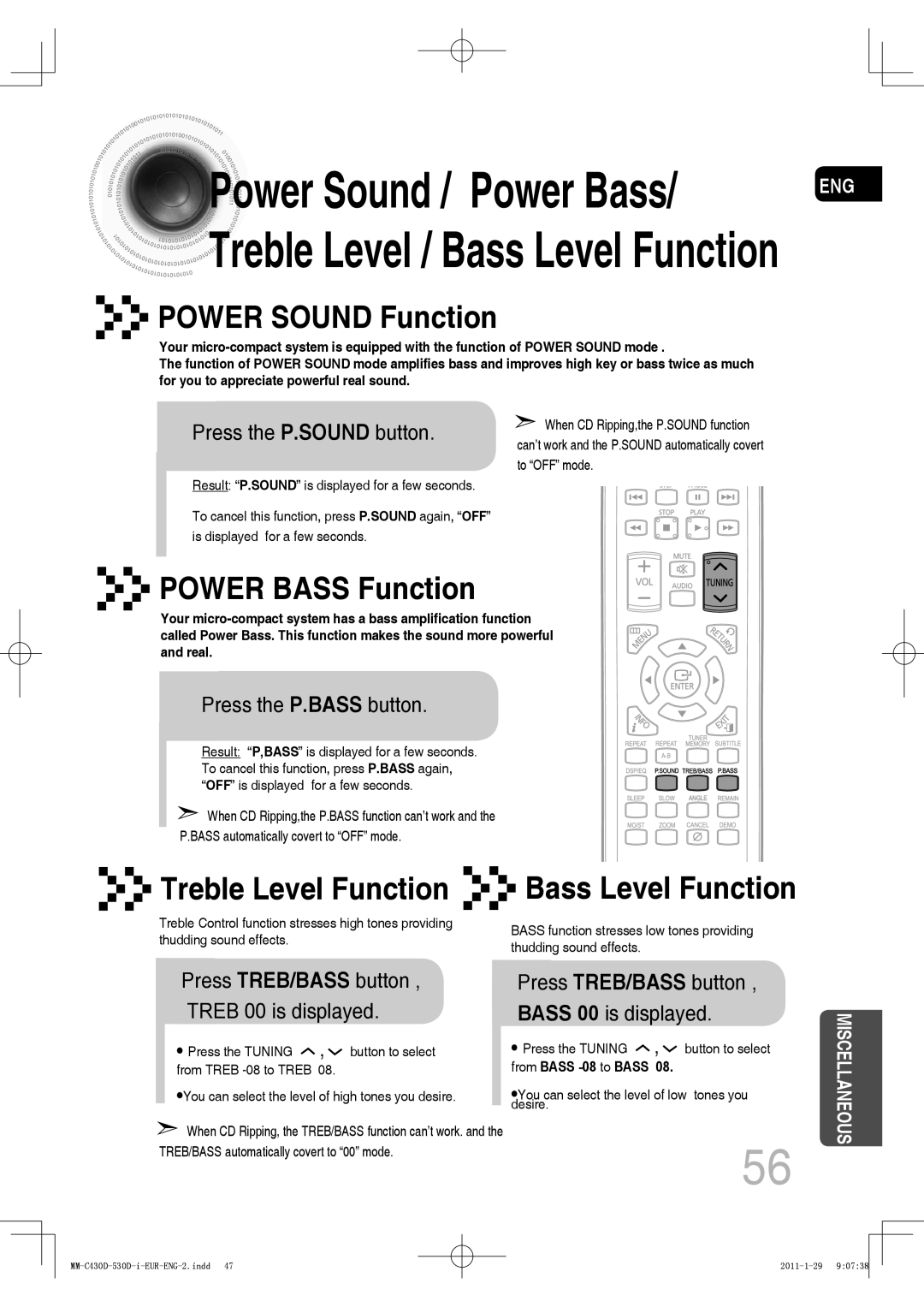 Samsung MM-C430D/MEA manual Press the P.SOUND button, Press the P.BASS button, Press TREB/BASS button Treb 00 is displayed 