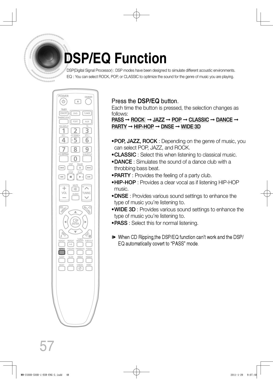 Samsung MM-C550D/MEA, MM-C530D/EDC, MM-C430D/XEN, MM-C430D/EDC, MM-C550D/EDC manual DSP/EQ Function, Press the DSP/EQ button 