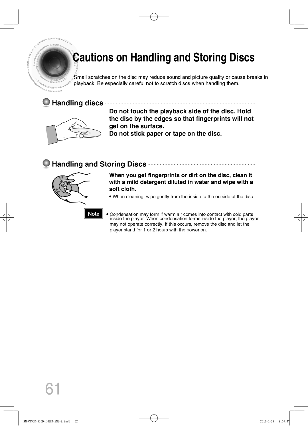 Samsung MM-C530D/KE, MM-C530D/EDC, MM-C430D/XEN, MM-C430D/EDC, MM-C550D/EDC manual Handling discs, Handling and Storing Discs 