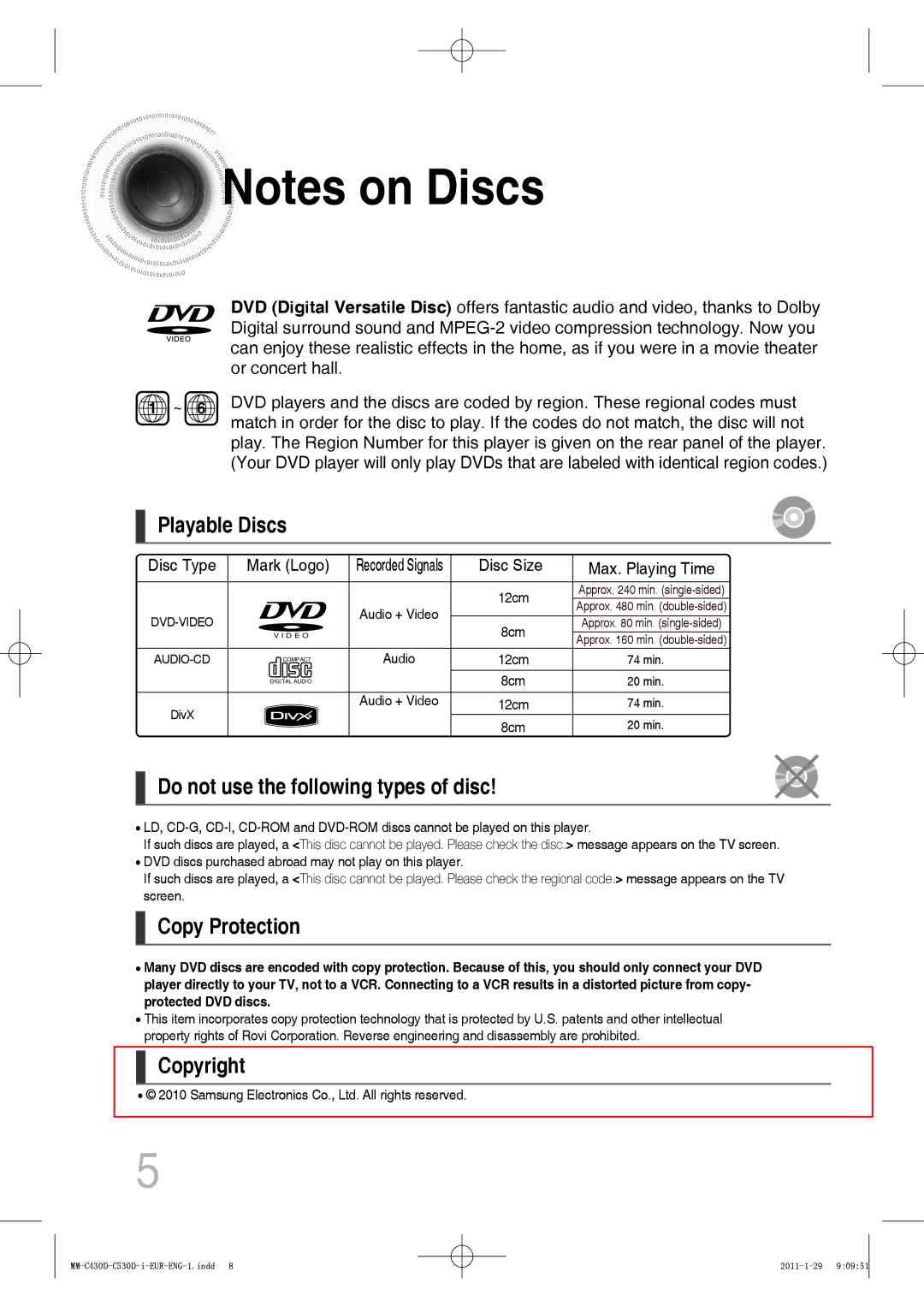 Samsung MM-C430D/MEA, MM-C530D/EDC manual Playable Discs, Do not use the following types of disc, Copy Protection, Copyright 