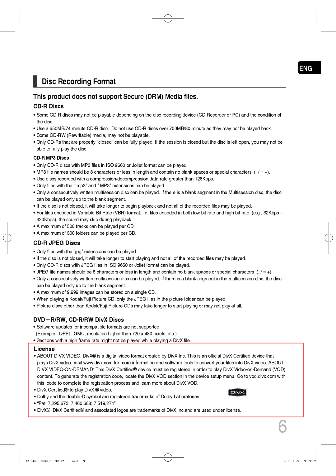 Samsung MM-C550D/MEA, MM-C530D/EDC, MM-C530D/KE Disc Recording Format, This product does not support Secure DRM Media files 