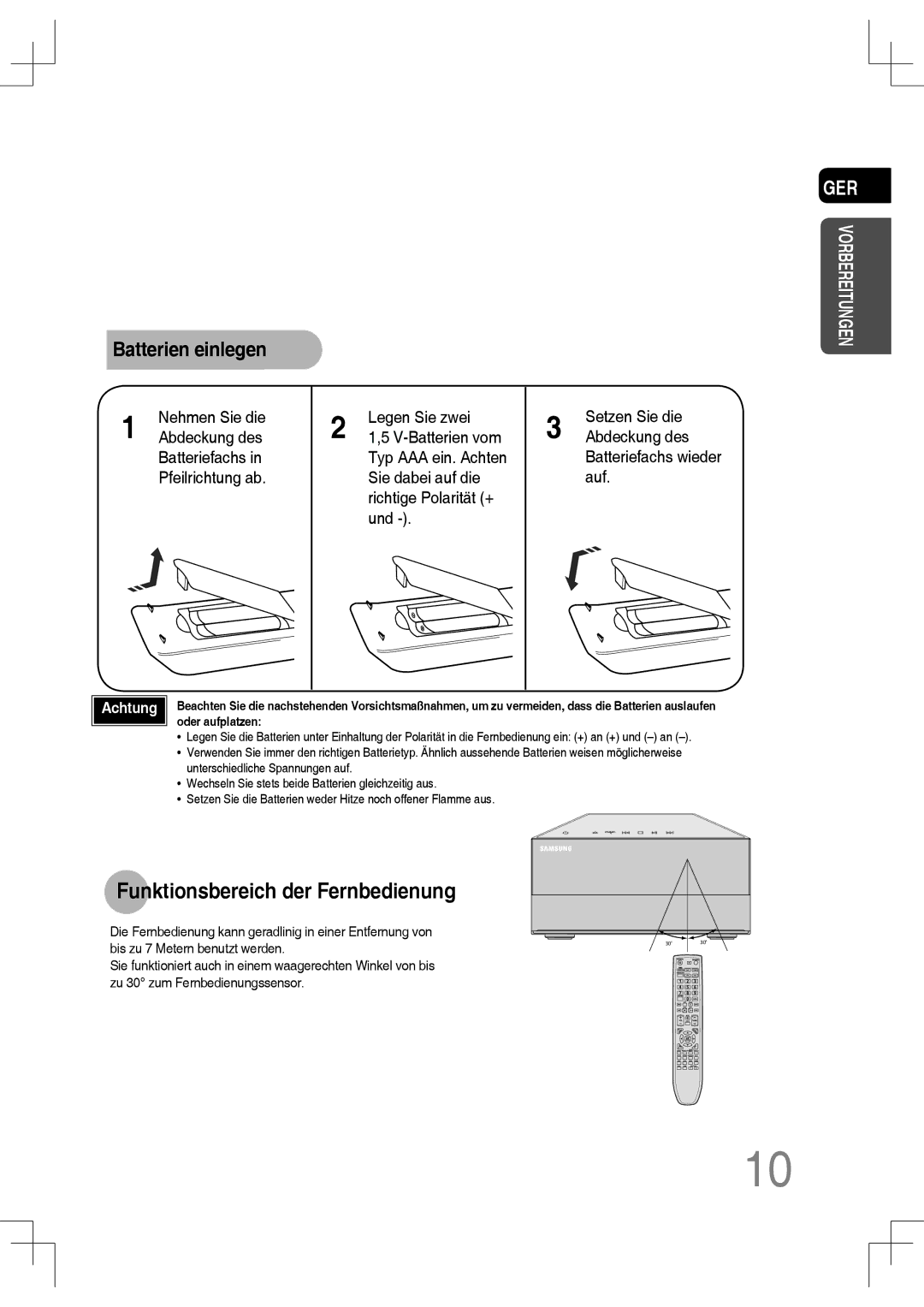 Samsung MM-C430D/EDC, MM-C530D/EDC, MM-C430D/XEN, MM-C550D/EDC manual Funktionsbereich der Fernbedienung, Batterien einlegen 