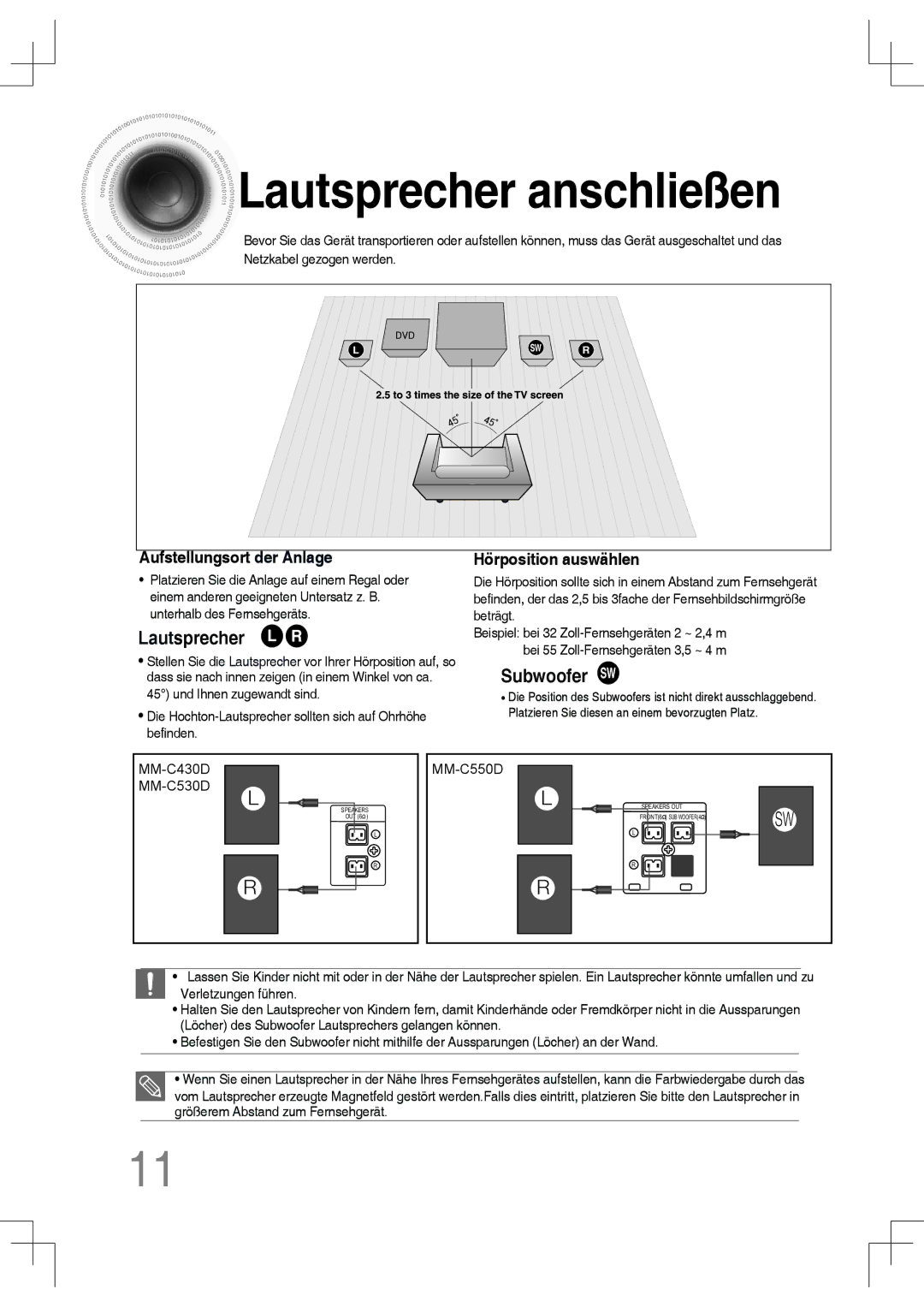 Samsung MM-C550D/EDC, MM-C530D/EDC, MM-C430D/XEN, MM-C430D/EDC manual Lautsprecher anschließen, Aufstellungsort der Anlage 