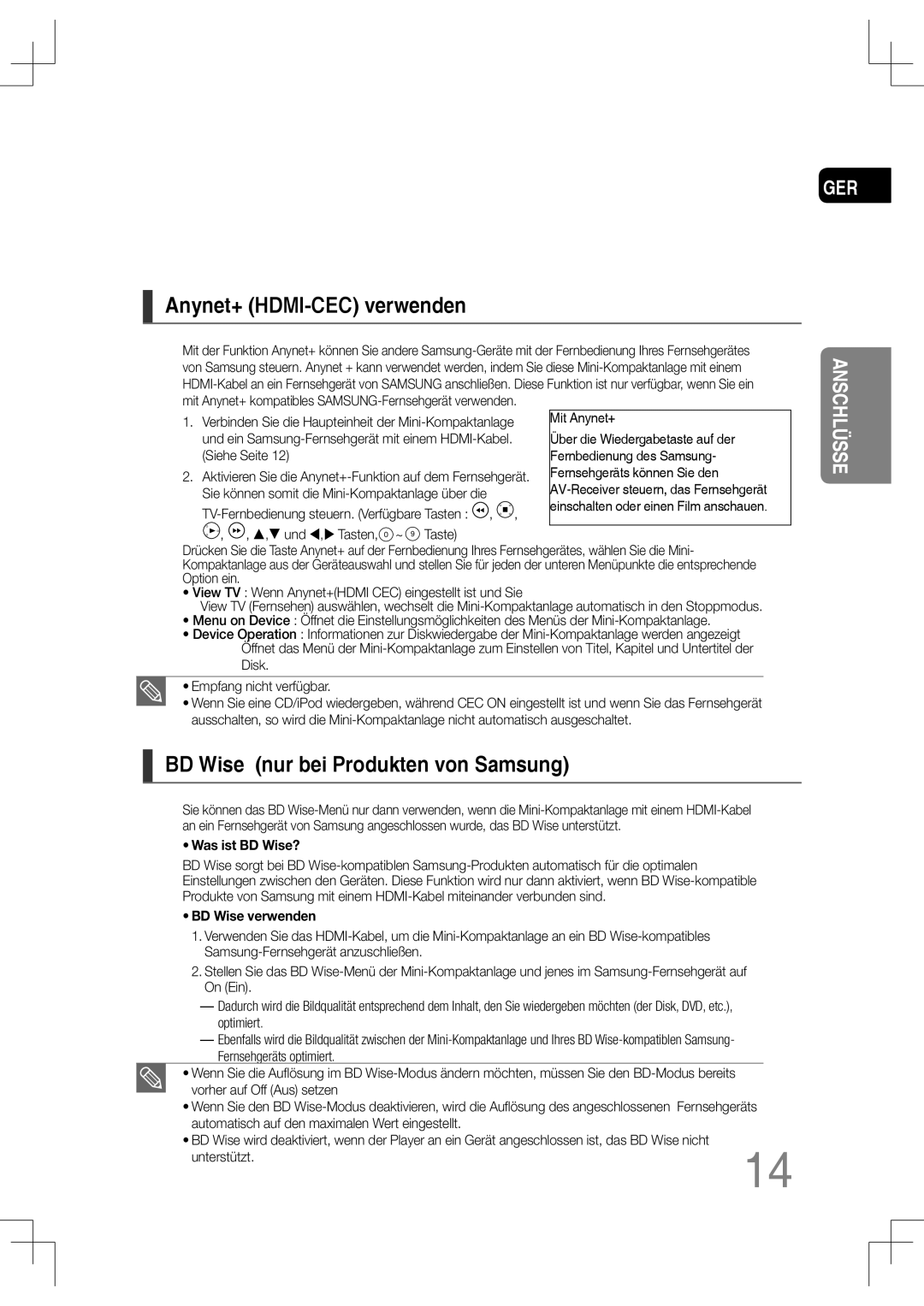 Samsung MM-C430D/XEN, MM-C530D/EDC, MM-C430D/EDC manual Anynet+ HDMI-CEC verwenden, BD Wise nur bei Produkten von Samsung 