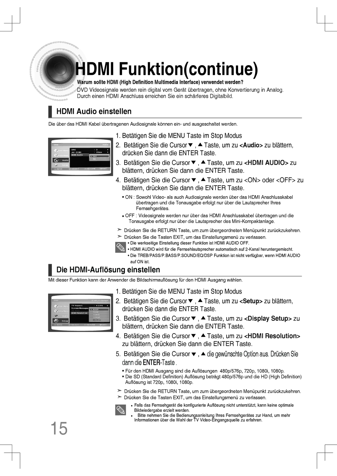 Samsung MM-C430D/EDC Hdmi Funktioncontinue, Hdmi Audio einstellen, Die HDMI-Auflösung einstellen, Dann die ENTER-Taste 