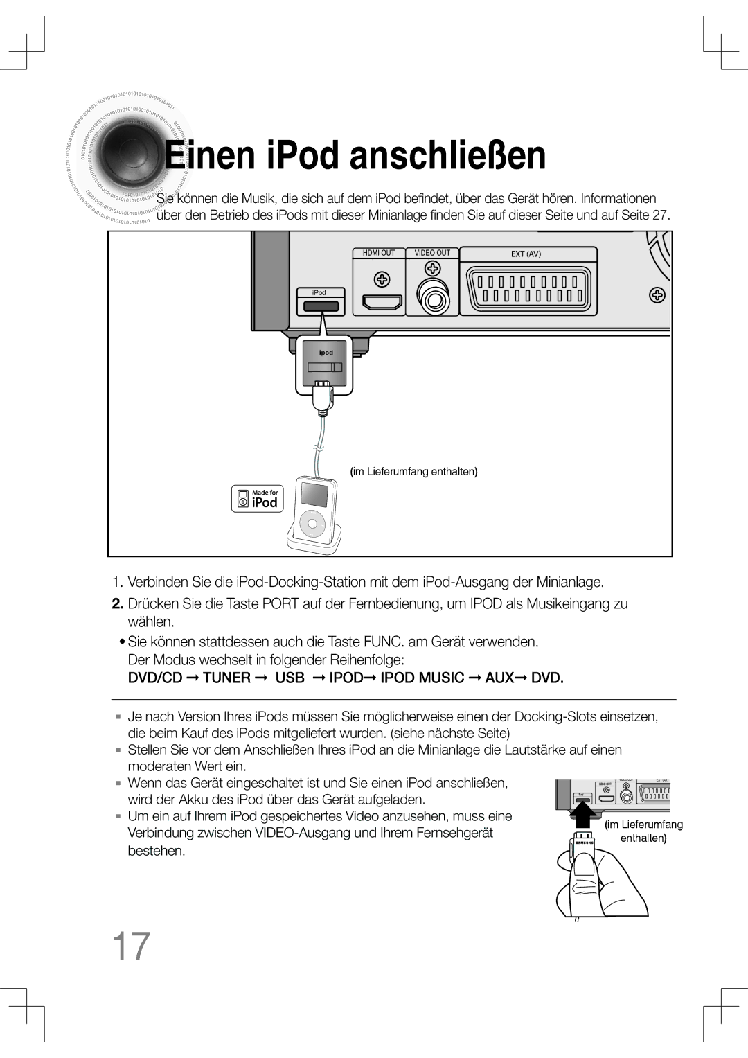 Samsung MM-C530D/XEN, MM-C530D/EDC, MM-C430D/XEN manual Einen iPod anschließen, DVD/CD Tuner USB Ipod Ipod Music AUX DVD 