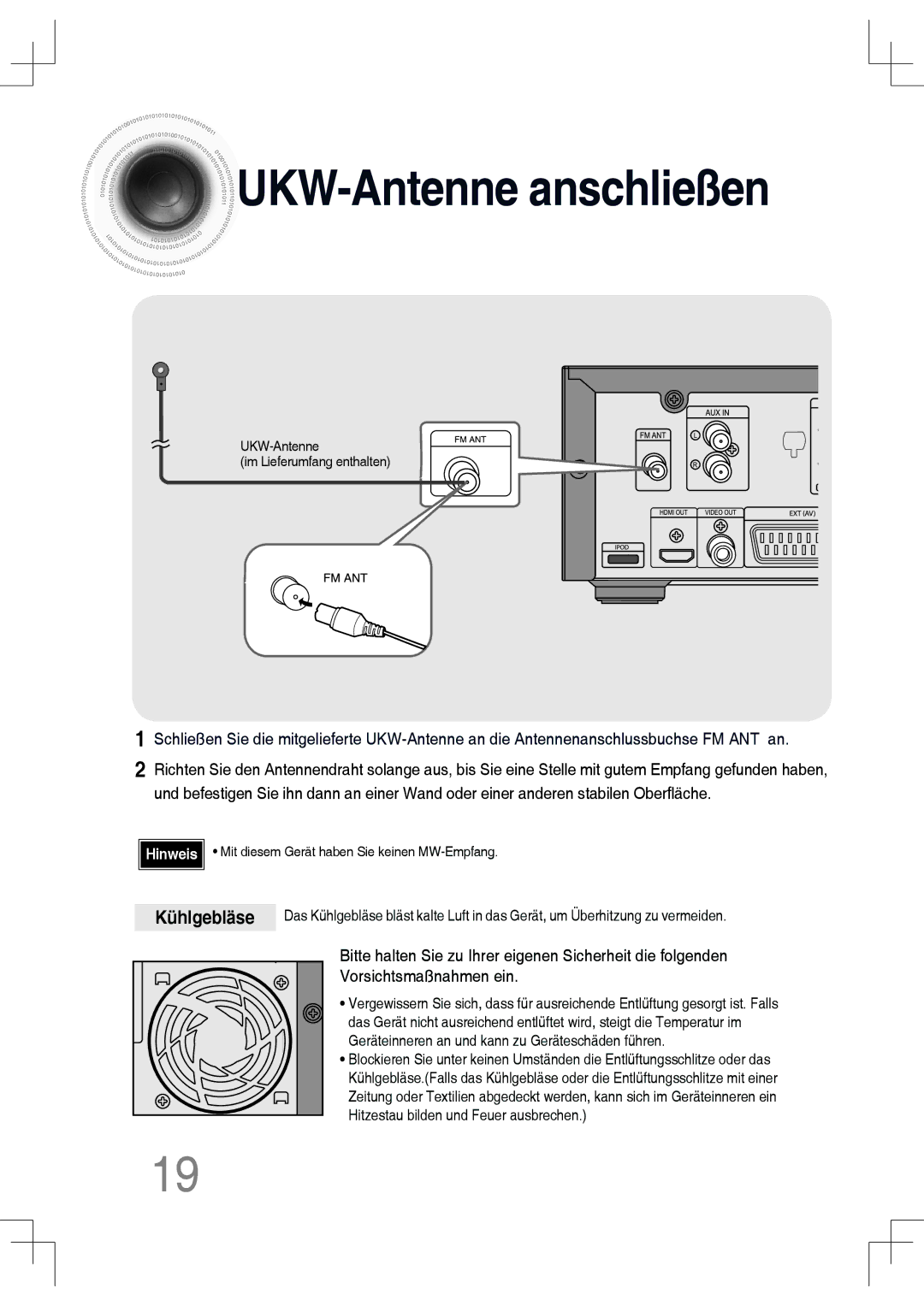 Samsung MM-C430D/XEN, MM-C530D/EDC, MM-C430D/EDC, MM-C550D/EDC, MM-C530D/XEN manual UKW-Antenne anschließen, Kühlgebläse 