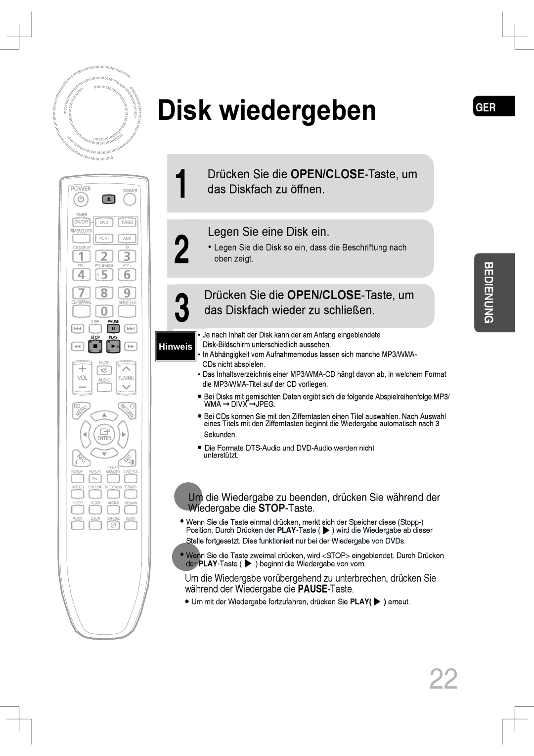 Samsung MM-C530D/XEN, MM-C530D/EDC, MM-C430D/XEN, MM-C430D/EDC, MM-C550D/EDC manual Disk wiedergeben 