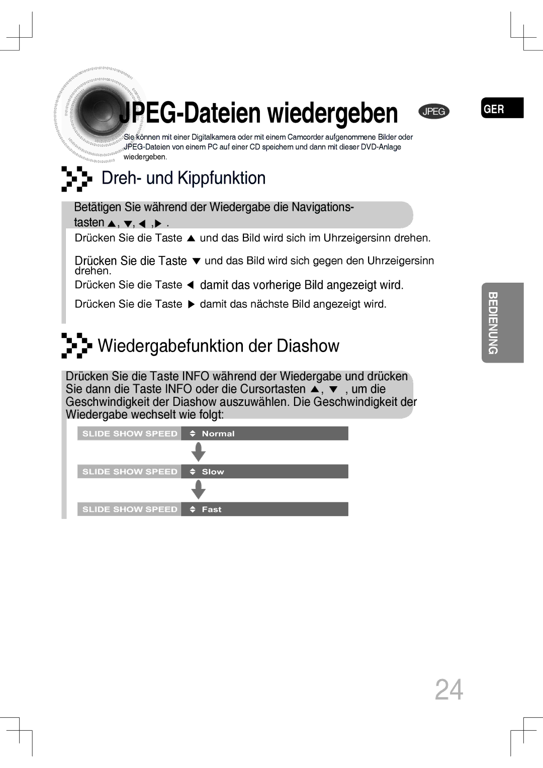 Samsung MM-C430D/XEN manual JPEG-Dateien wiedergeben Jpeg, Betätigen Sie während der Wiedergabe die Navigations- tasten 