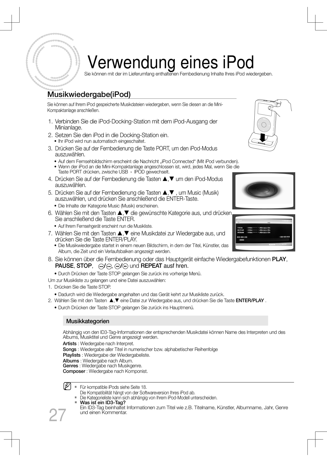 Samsung MM-C530D/XEN, MM-C530D/EDC, MM-C430D/XEN, MM-C430D/EDC, MM-C550D/EDC manual Verwendung eines iPod, MusikwiedergabeiPod 