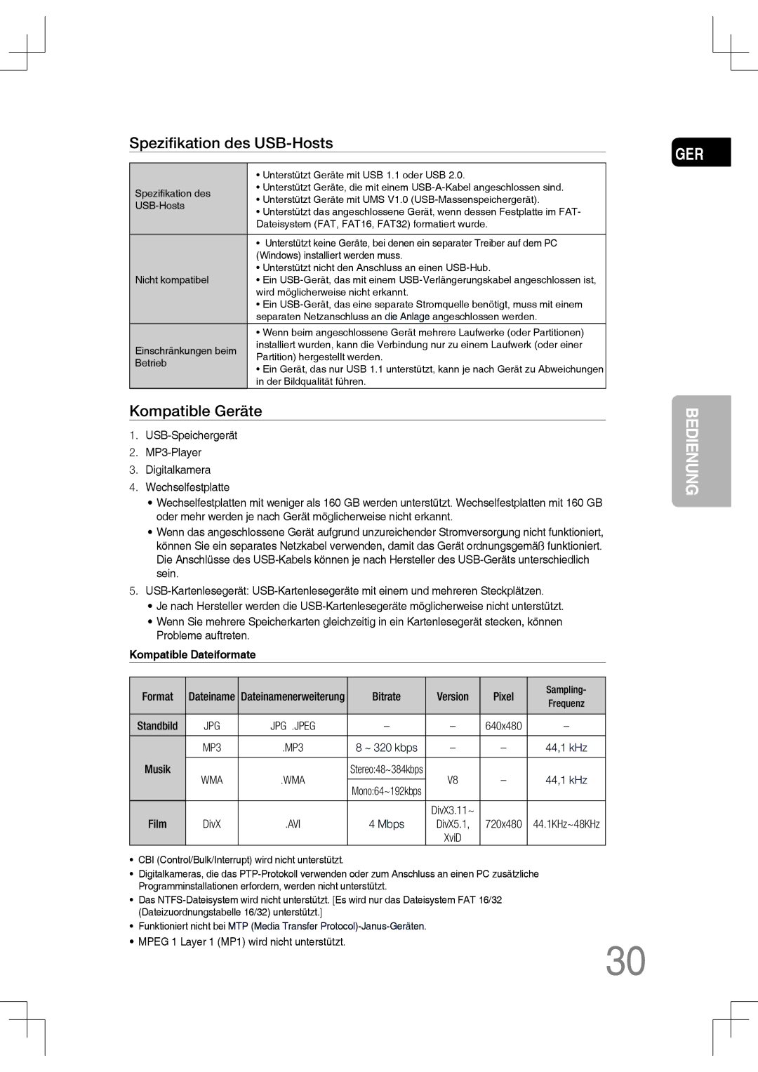 Samsung MM-C430D/EDC, MM-C530D/EDC, MM-C430D/XEN, MM-C550D/EDC, MM-C530D/XEN manual Speziﬁkation des USB-Hosts 