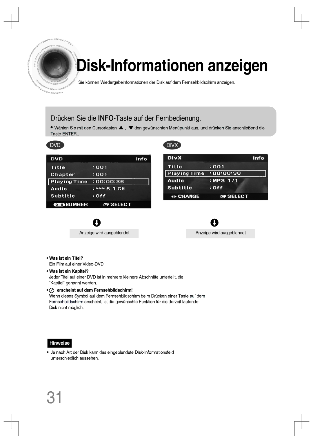 Samsung MM-C550D/EDC, MM-C530D/EDC manual Disk -Informationen anzeigen, Drücken Sie die INFO-Taste auf der Fernbedienung 