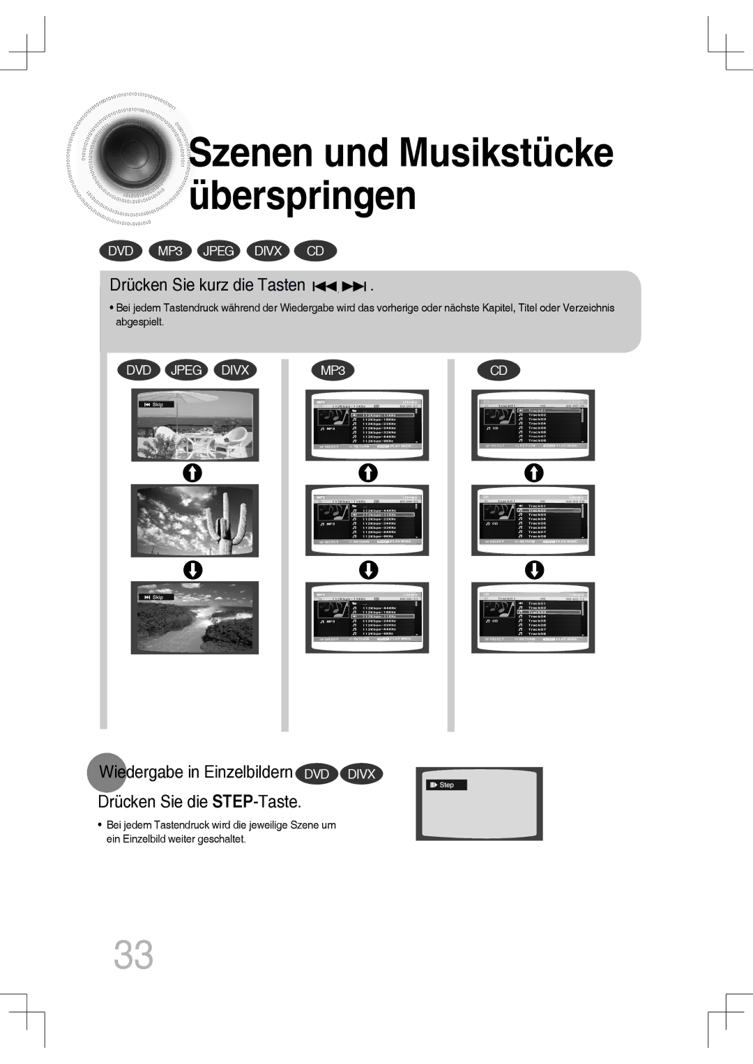 Samsung MM-C530D/EDC, MM-C430D/XEN, MM-C430D/EDC, MM-C550D/EDC, MM-C530D/XEN manual Szenen und Musikstücke überspringen 