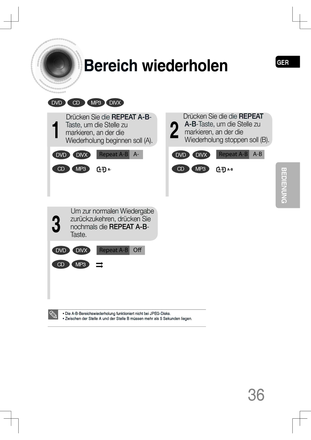 Samsung MM-C550D/EDC, MM-C530D/EDC, MM-C430D/XEN, MM-C430D/EDC, MM-C530D/XEN Bereich wiederholen, Drücken Sie die Repeat A-B 