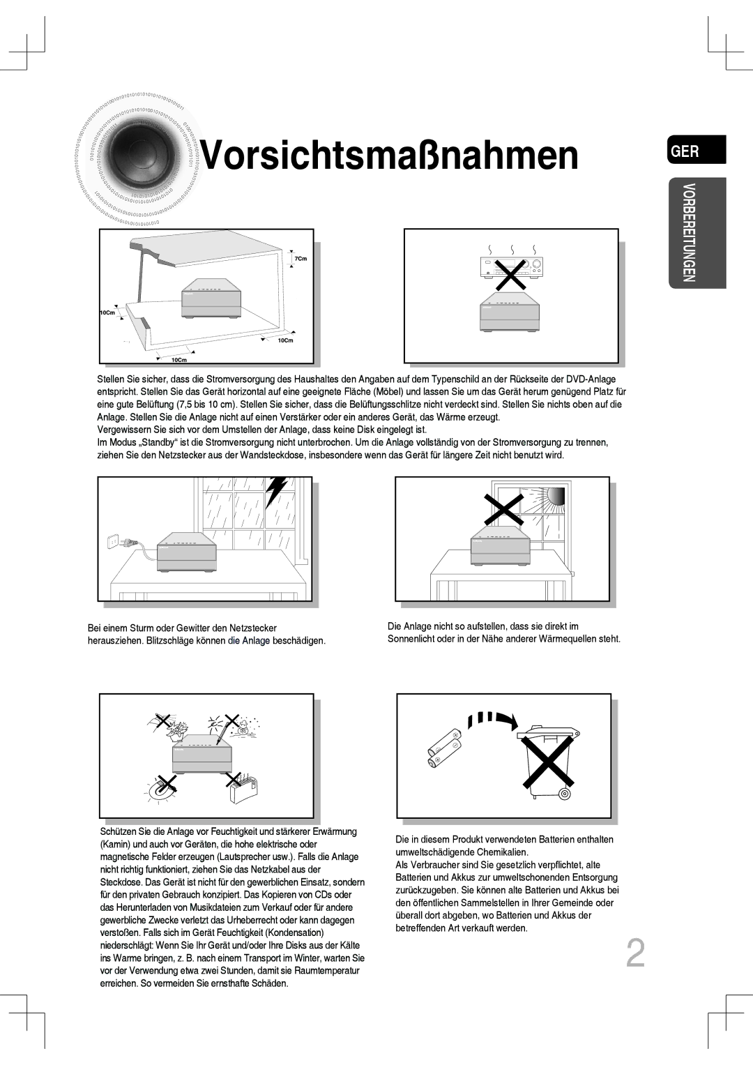 Samsung MM-C530D/XEN, MM-C530D/EDC, MM-C430D/XEN, MM-C430D/EDC, MM-C550D/EDC manual Vorsichtsmaßnahmen GER, Vorbereitungen 