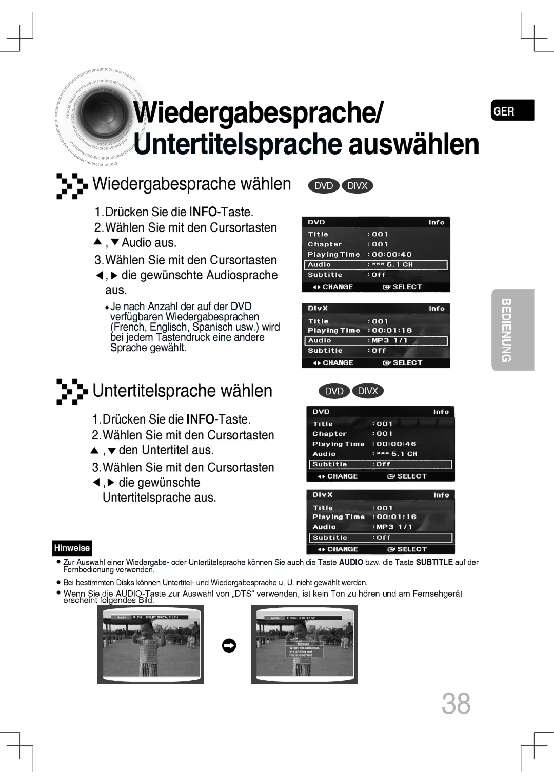 Samsung MM-C530D/EDC, MM-C430D/XEN manual Wiedergabesprache/ GER Untertitelsprache auswählen, Drücken Sie die INFO-Taste 