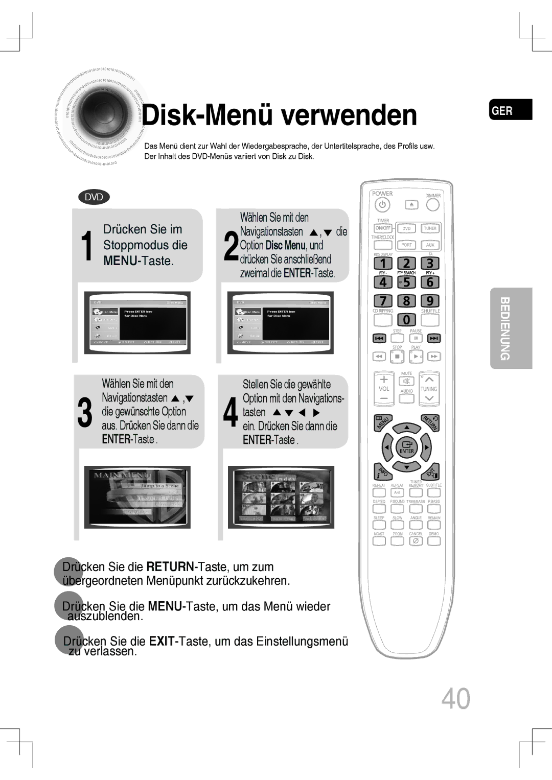 Samsung MM-C430D/EDC, MM-C530D/EDC manual Disk -Menü verwenden, Drücken Sie im, Wählen Sie mit den, Stellen Sie die gewählte 